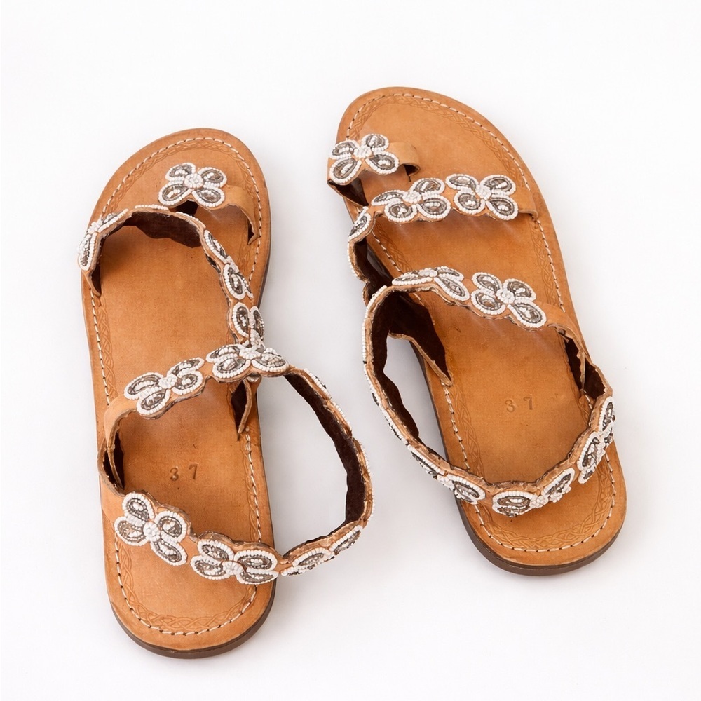 Women's Tan Embellished Leather Sandals